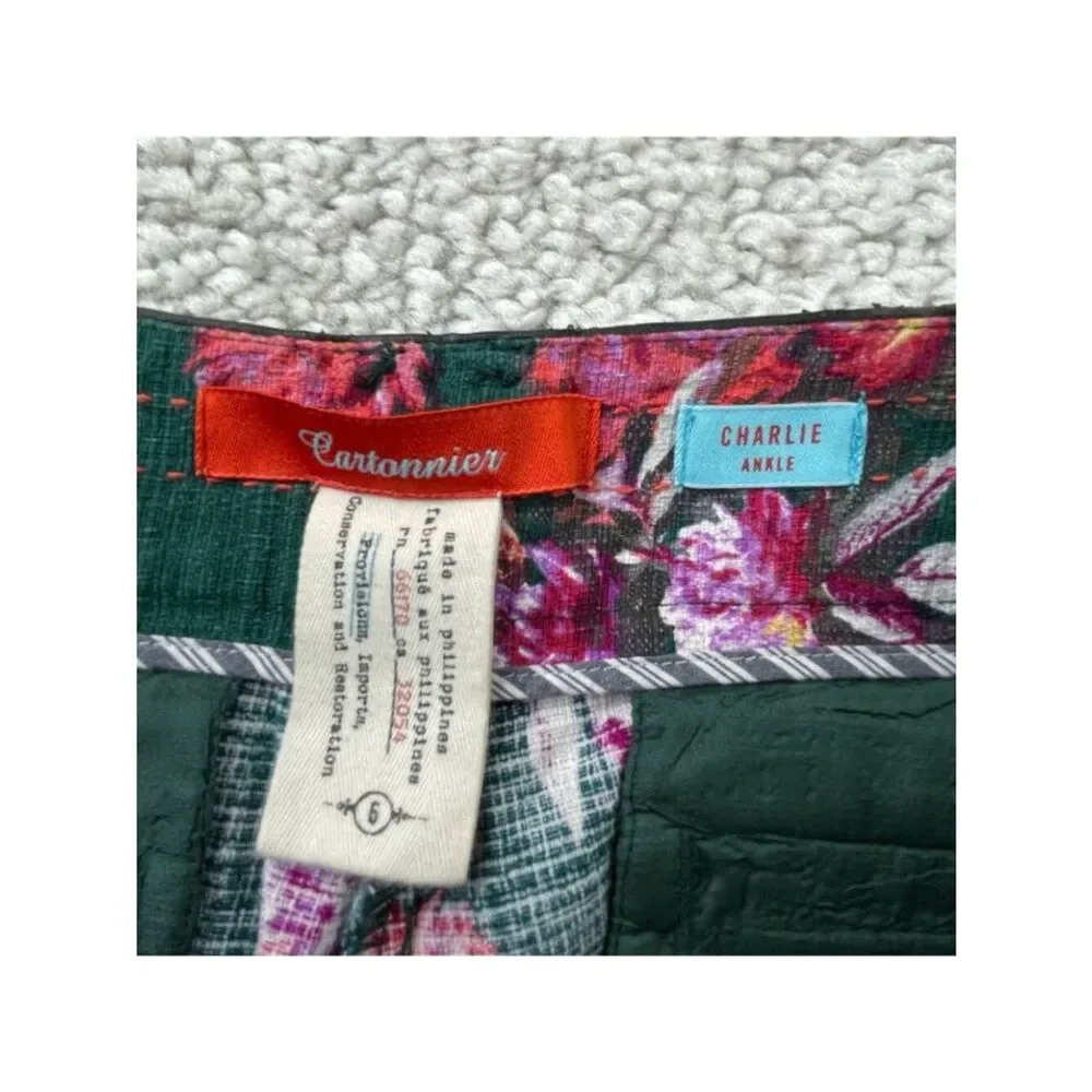 Anthropologie Cartonnier Floral Charlie Trouser Ankle Pants Green Womens 8 FLAW
